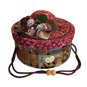 Vintage Fabric Covered Hat Box Shape Sewing Basket Organizer with Floral Accent